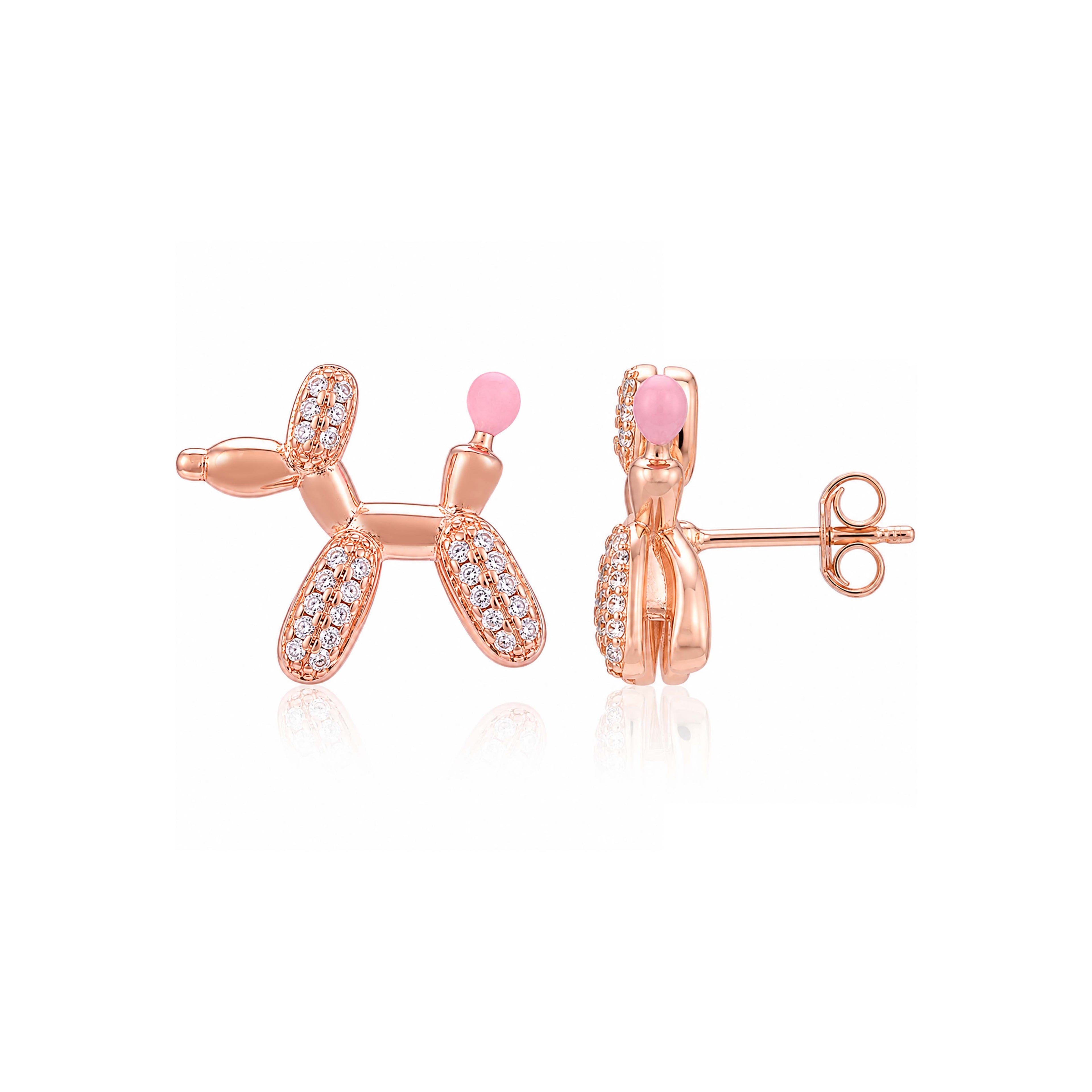 Whimsical Balloon Dog Crystal Rose Gold Designer Earrings