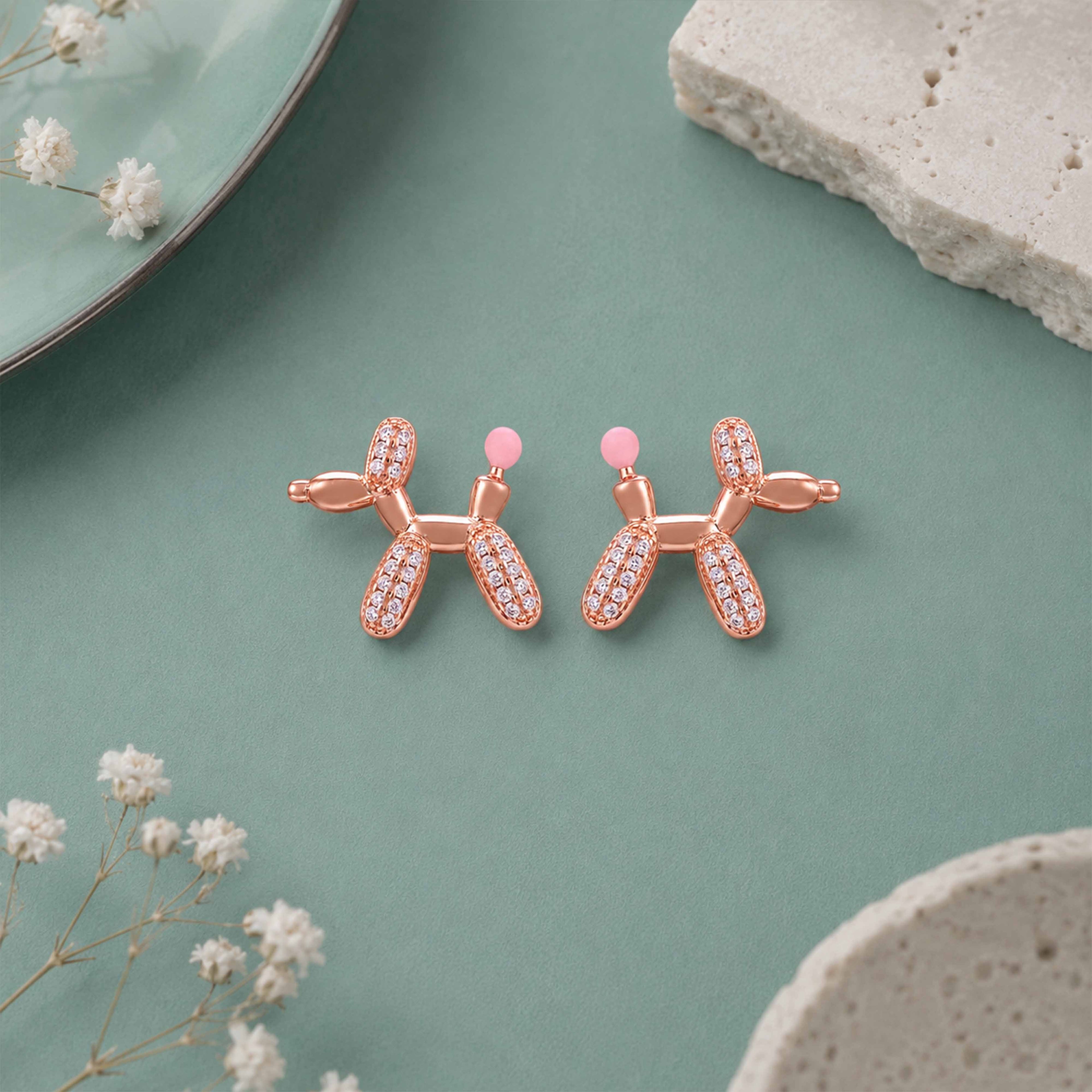 Whimsical Balloon Dog Crystal Rose Gold Designer Earrings