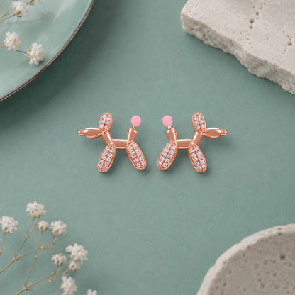 Whimsical Balloon Dog Crystal Rose Gold Designer Earrings
