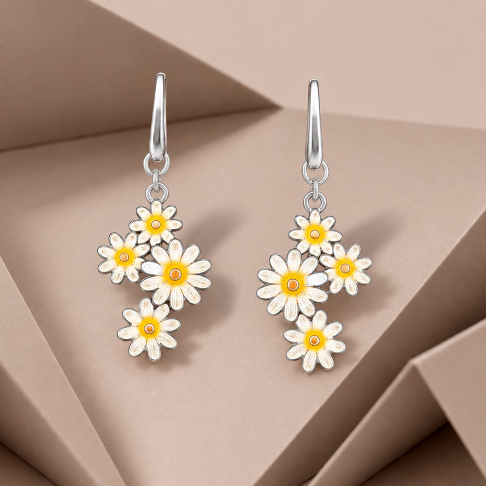 White Daisy Bouquet Rhodium Plated Hook Earrings