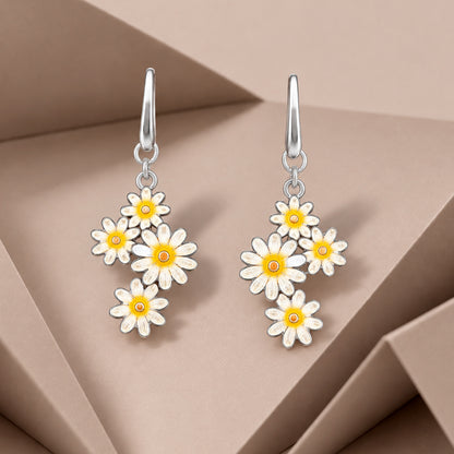 White Daisy Bouquet Rhodium Plated Hook Earrings
