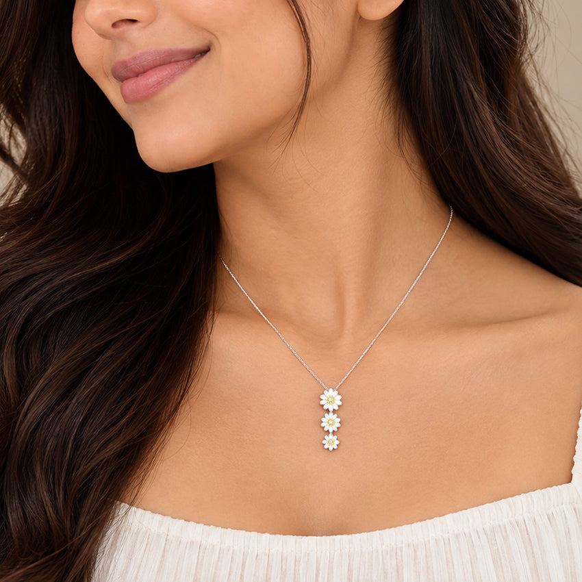 White Daisy Cascade Rhodium Plated Chain Pendants