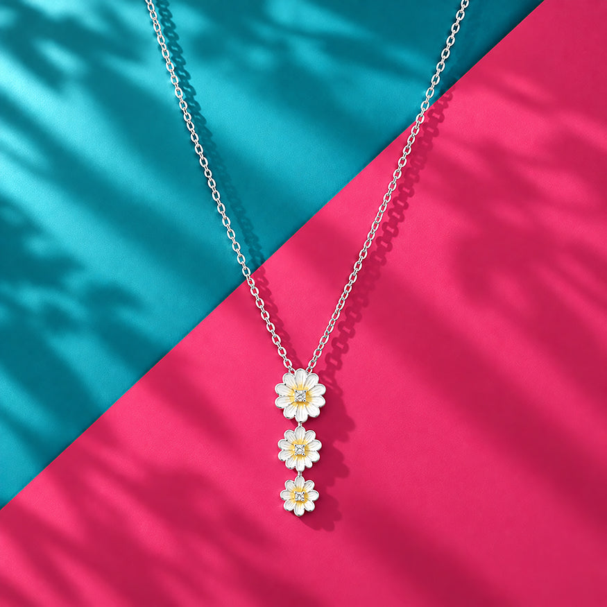 White Daisy Cascade Rhodium Plated Chain Pendants