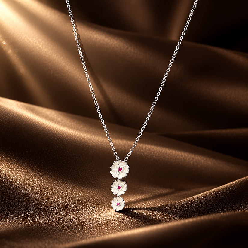 White Enamel Petals Centered Pink Rhodium Plated 925 Cascade Chain Pendants