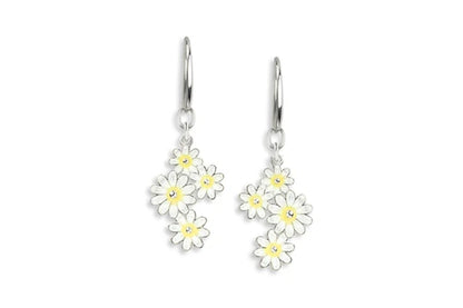 White Daisy Bouquet Rhodium Plated Hook Earrings