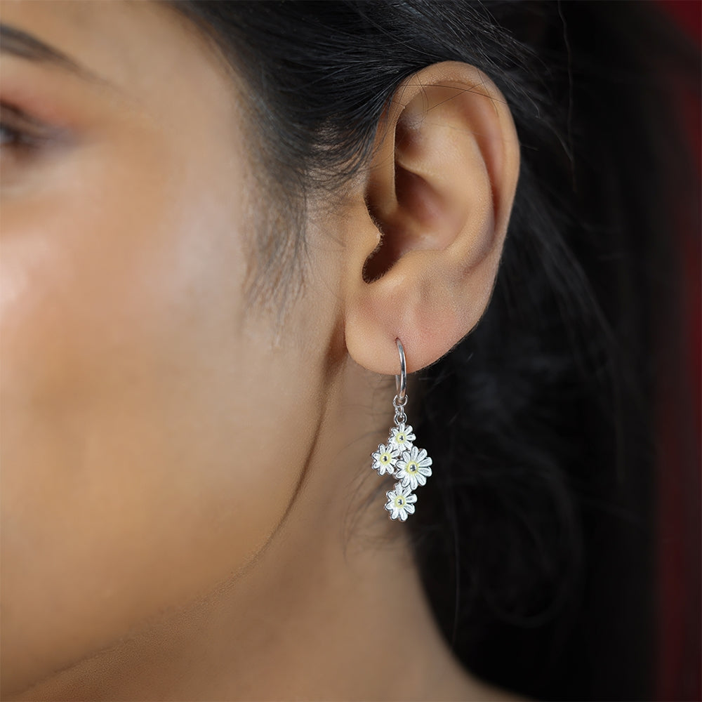 White Daisy Bouquet Rhodium Plated Hook Earrings