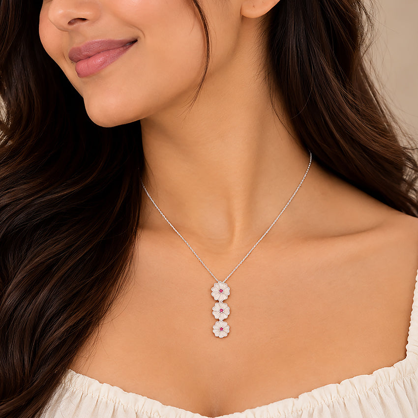 White Enamel Petals Centered Pink Rhodium Plated 925 Cascade Chain Pendants