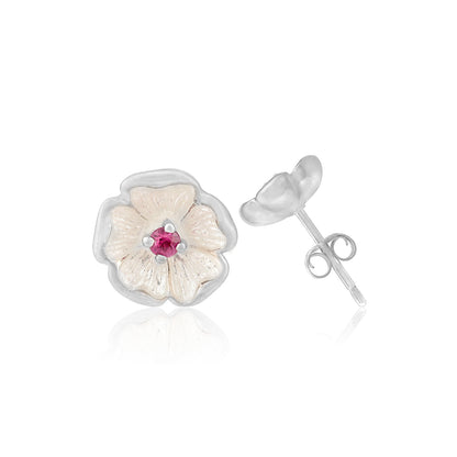 White Enamel Petals Centered Pink 925 Rhodium Plated Earrings