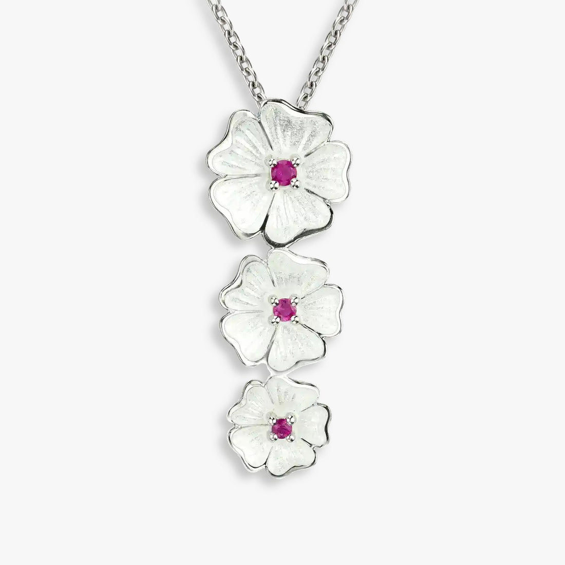 White Enamel Petals Centered Pink Rhodium  925 Cascade Chain Pendants