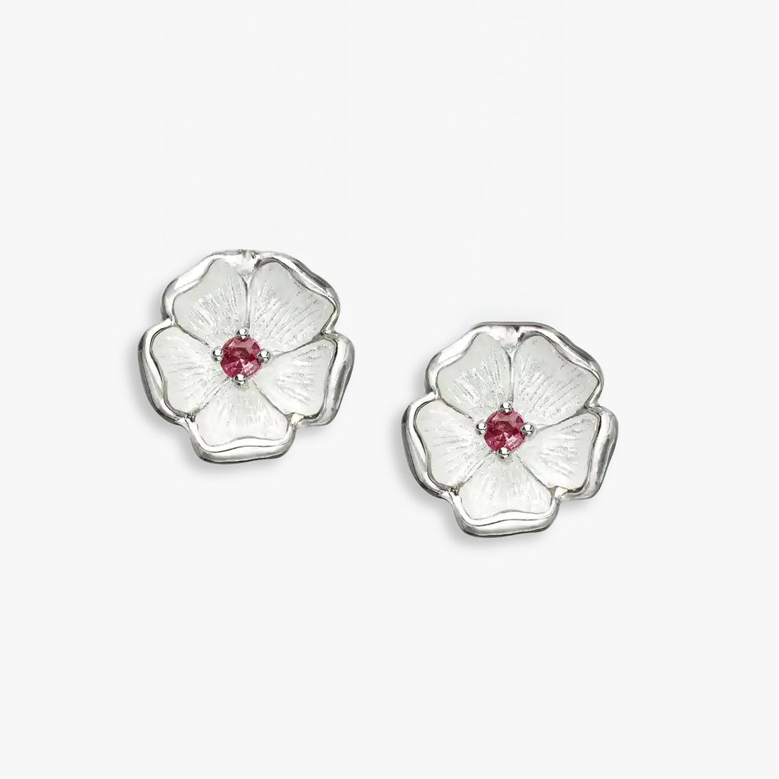 White Enamel Petals Centered Pink Rhodium  925 Earrings-1