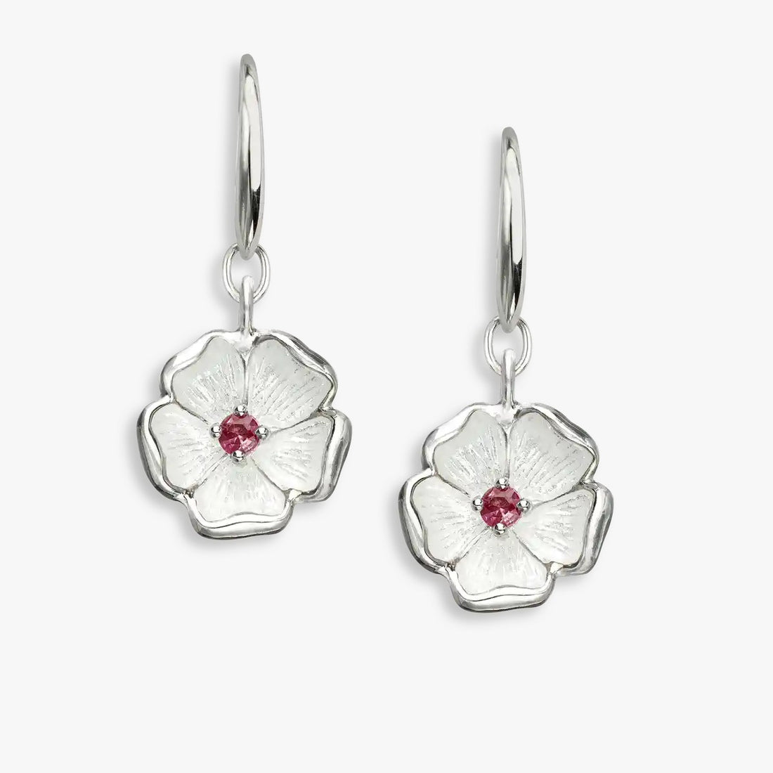 White Enamel Petals Centered Pink Rhodium 925 Hook Earrings
