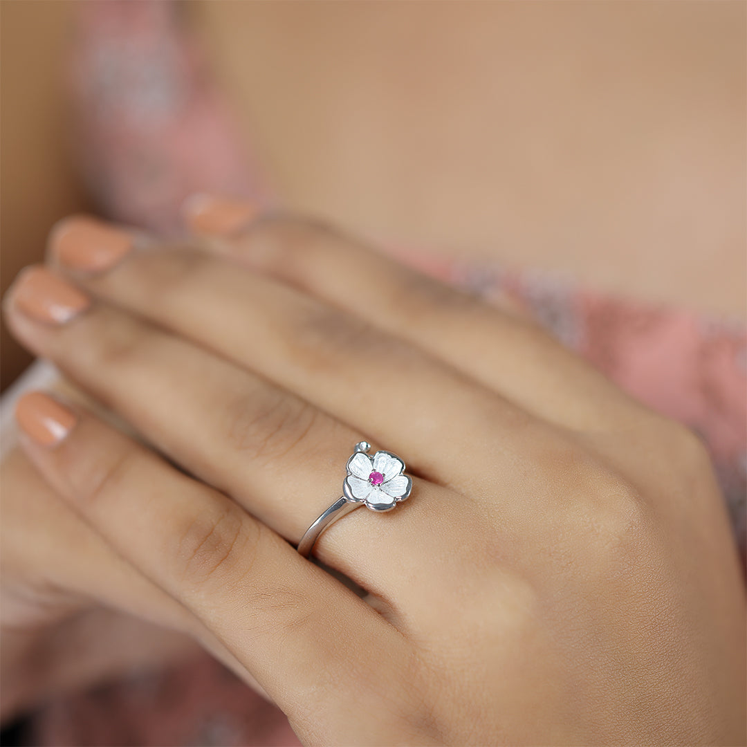 White Enamel Petals Centered Pink Rhodium Plated 925 Rings