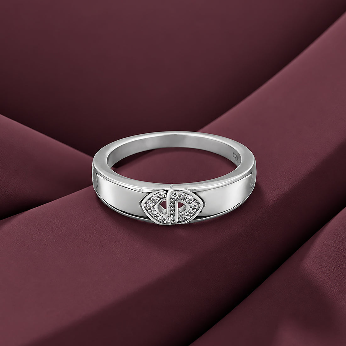 White Enamel Silver Ring with Crystal Accent