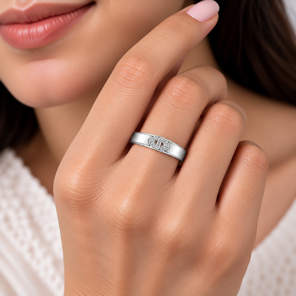 White Enamel Silver Ring with Crystal Accent