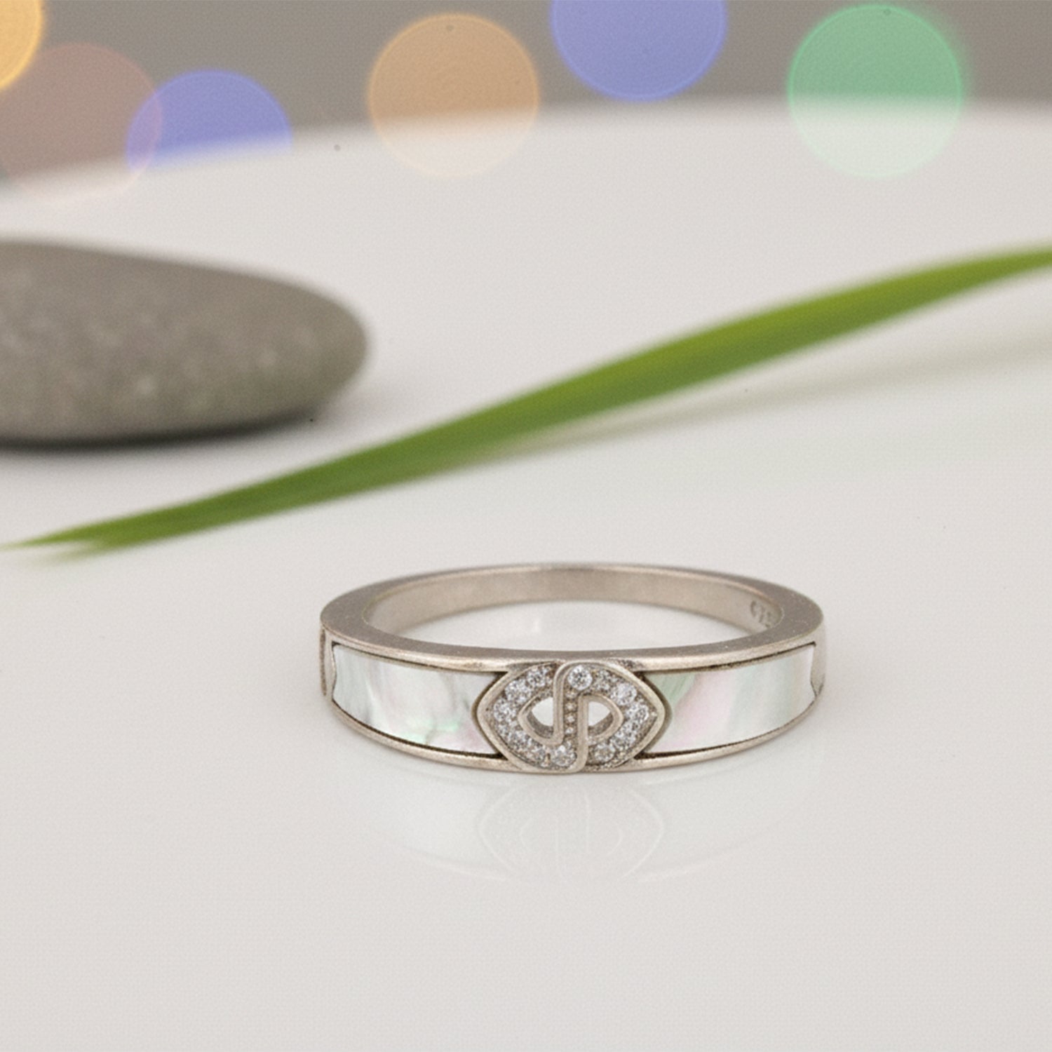 White Enamel Silver Ring with Crystal Accent