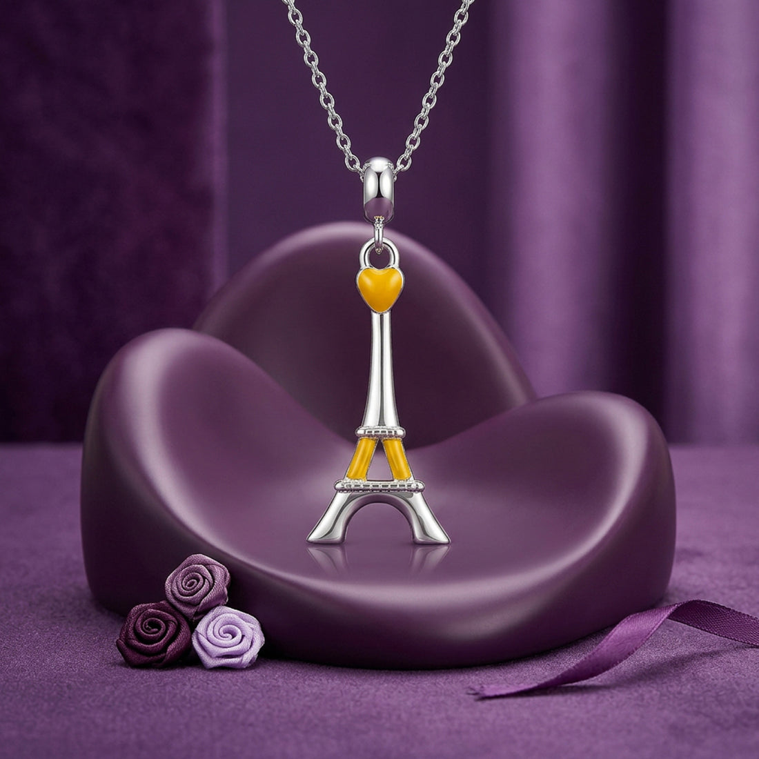 Yellow Heart Eiffel Tower 925 Sterling Silver Charm Pendant