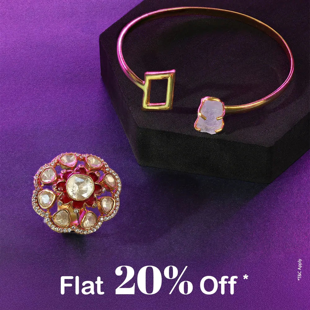 Gold-Plated Bracelet And Designer Stone Ring Displayed On Purple Background With Flat 20% Off Offer
