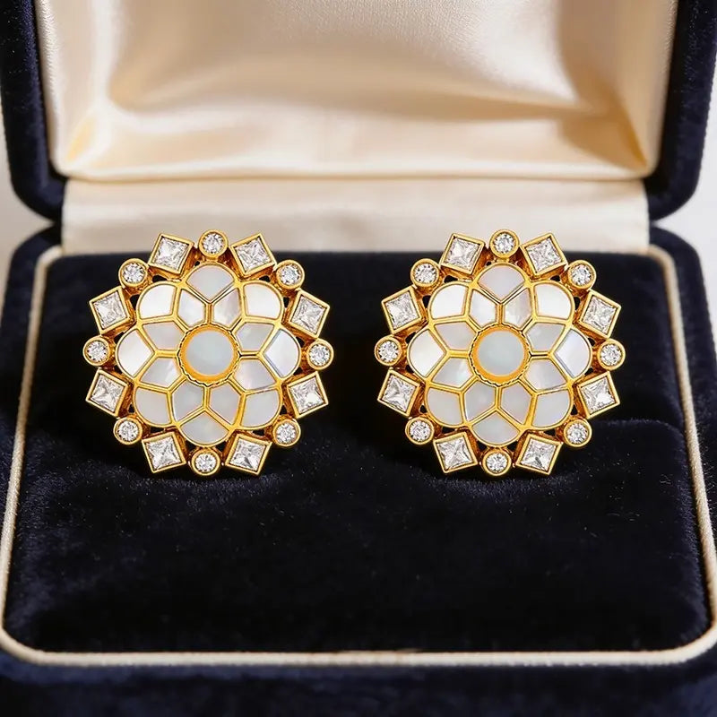 Royal Ivory Polki 925 Sterling Silver Floral Stud Earrings