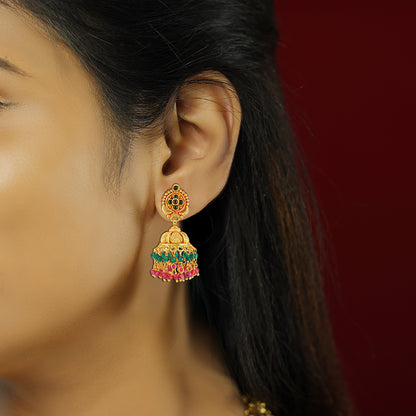 Traditional 925 Gold Plated Green Red Pearl Drops Jhumka Earrings